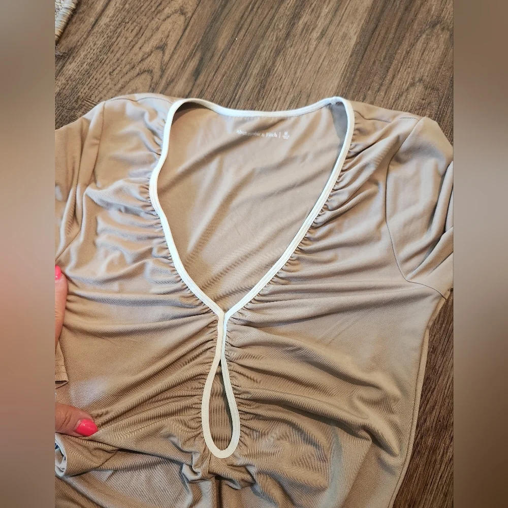 Abercrombie Beige Long Sleeve V-Neck Maxi Dress with Ruched Front